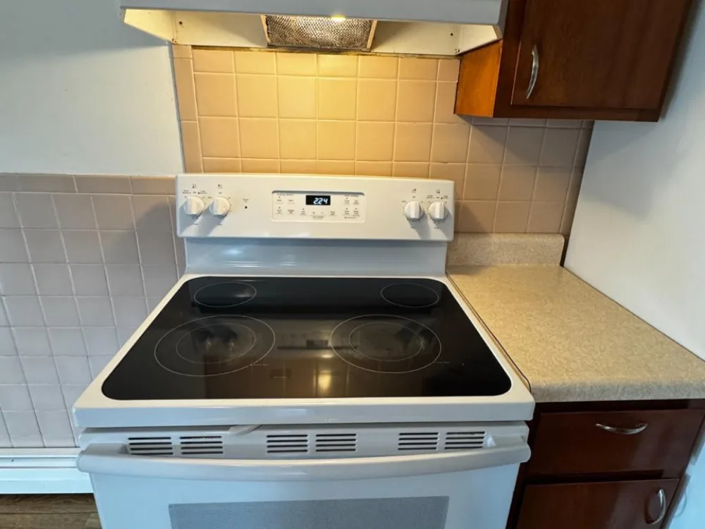 Kitchen cleaning showing stove, oven, and backsplash after maintenance