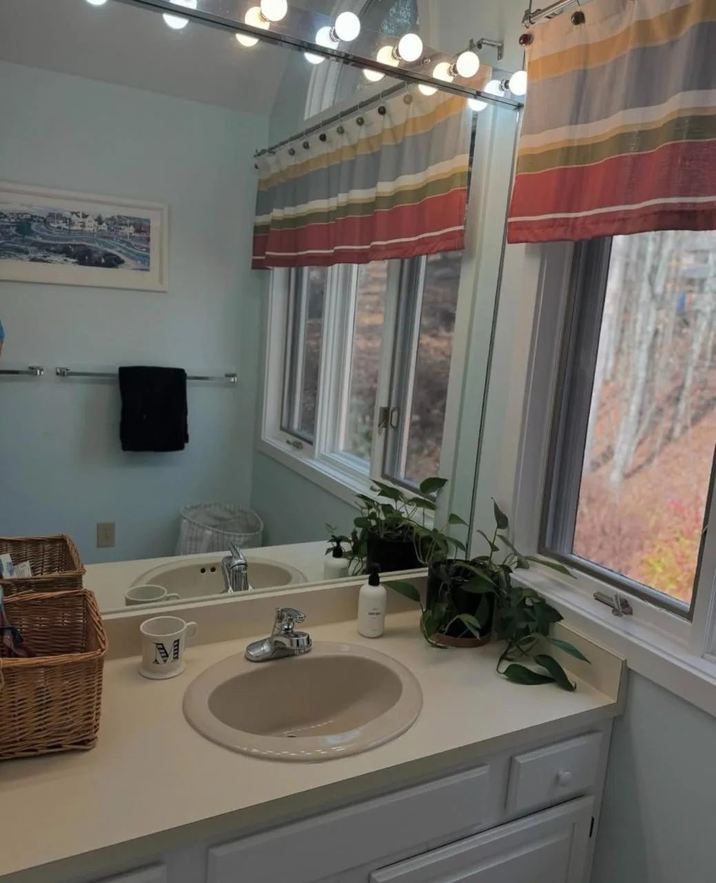 A freshly organized vanity area after a complete bathroom cleaning featuring a clean sink basin and clear mirror reflecting the outdoors.